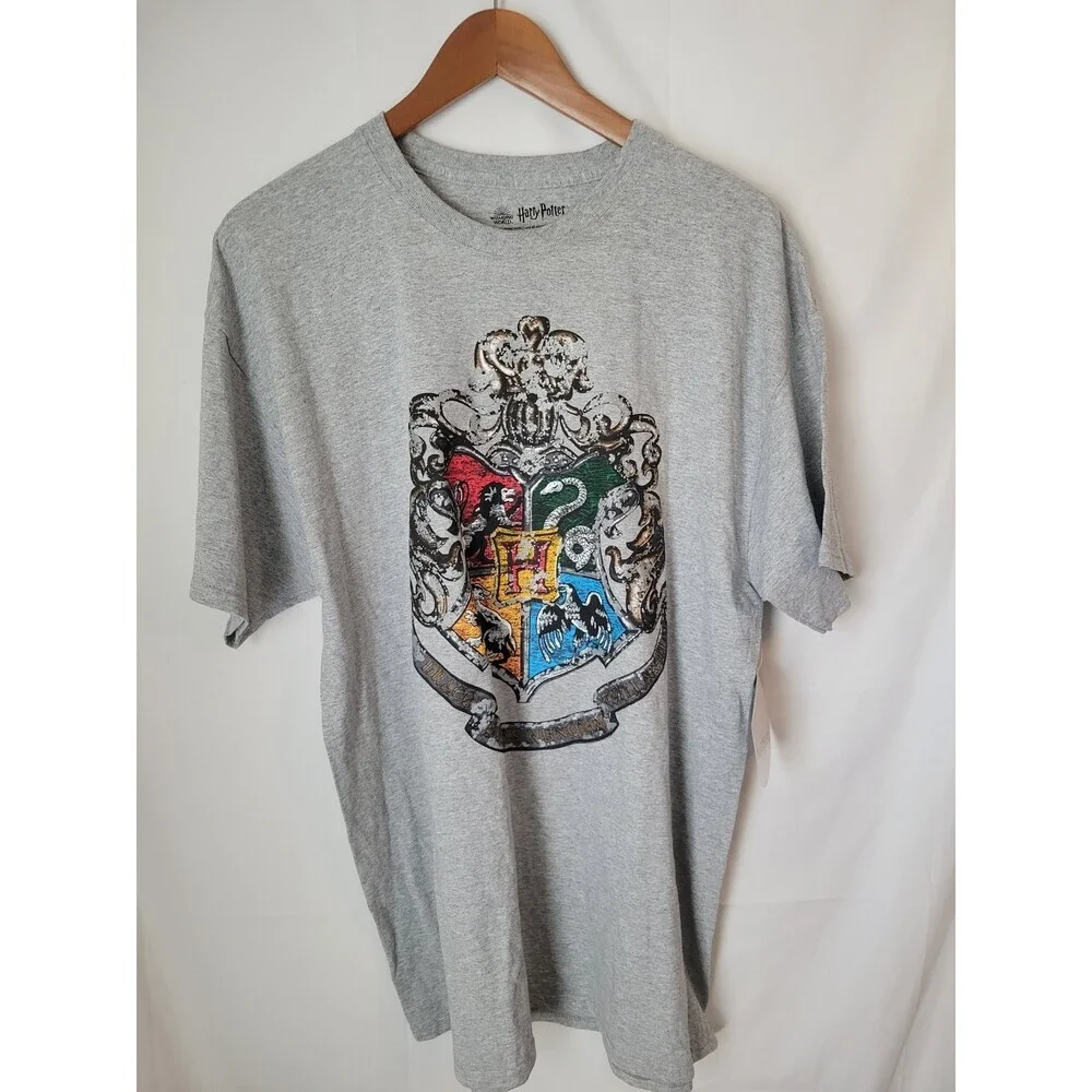 Harry Potter Hogwarts Crest Men's T-Shirt XL Gray Wizarding World Short Sleeve - Picture 1 of 4